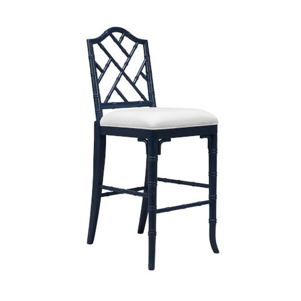 Annette Matte Navy Lacquer White Linen Chippendale Style Bamboo Counter Stool, image 1